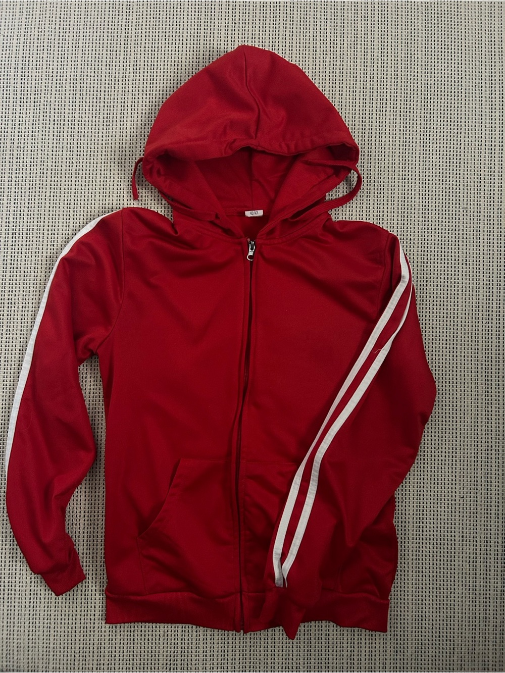 Women’s Red Zip-Up Hooded Jacket with White Sleeve Stripes